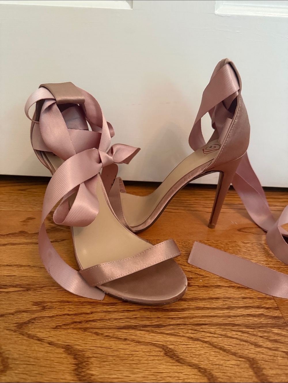 Red Dress Satin Ribbon Wrap High Heel Sandals in Blush